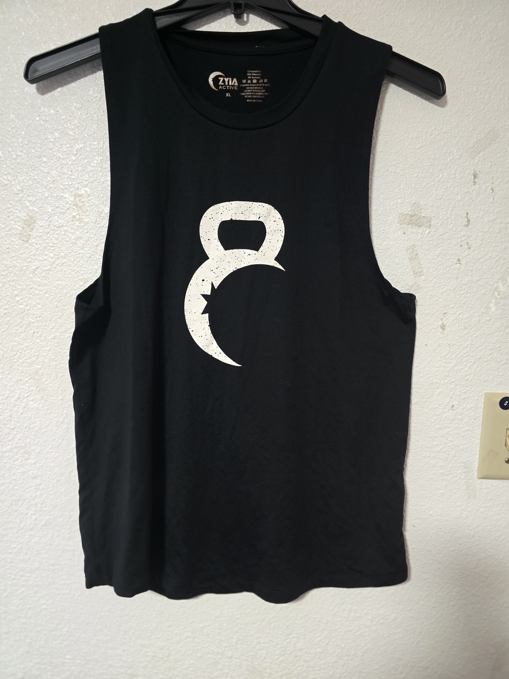 ZYIA Black Graphic Muscle Tank Top with White Kettlebell Crescent - Picture 2 of 6